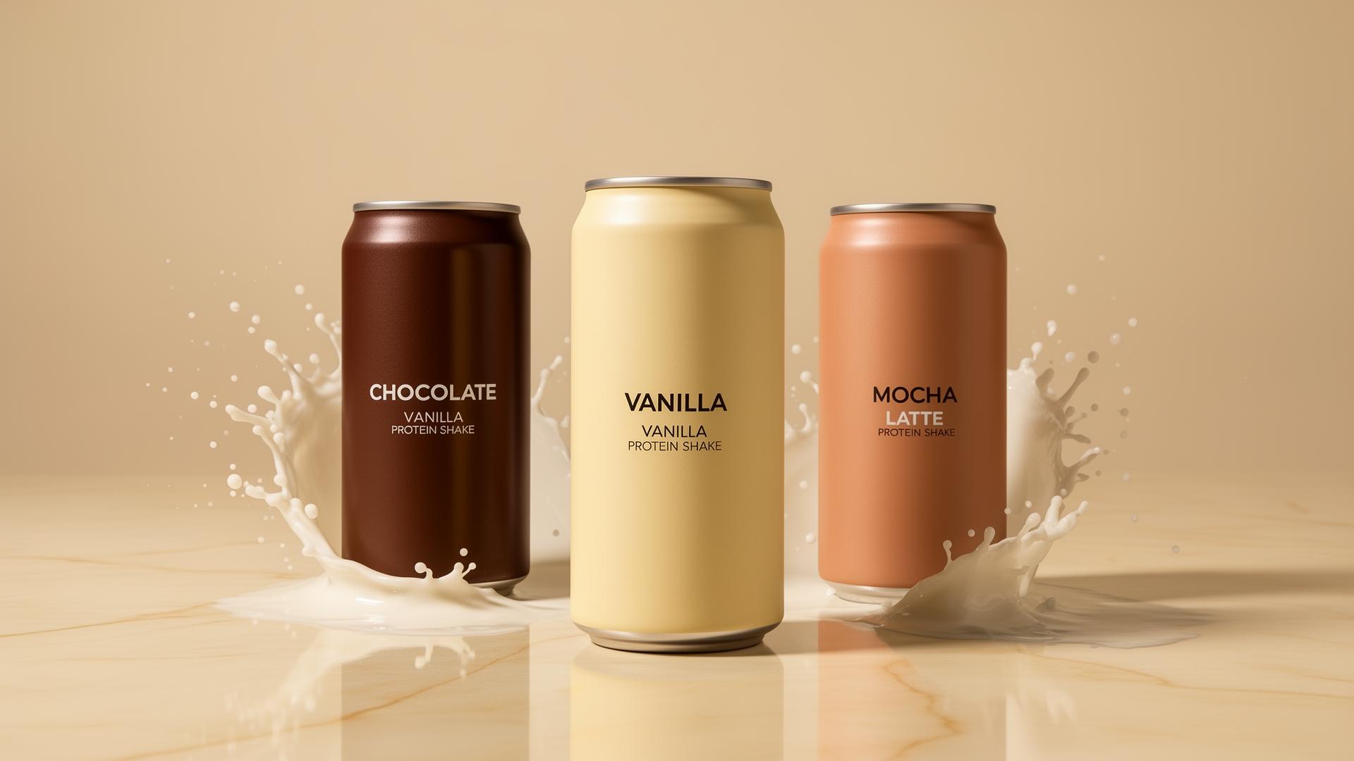 Three Slate Ultra protein shake cans in chocolate, vanilla, and mocha latte flavors